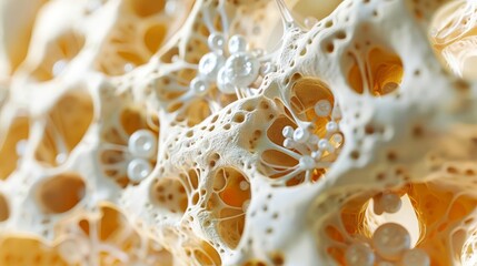 A crosssectional view of a bone, highlighting the bone marrow inside, with details on the different types of cells produced there, Close up
