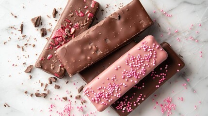 Pieces of milk chocolate candy bar dark chocolate and pink chocolate with sprinkles that are broken