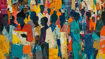 A depiction of a bustling market, with figures abstracted into shapes and vibrant patches of color that emphasize movement and atmosphere, Close up