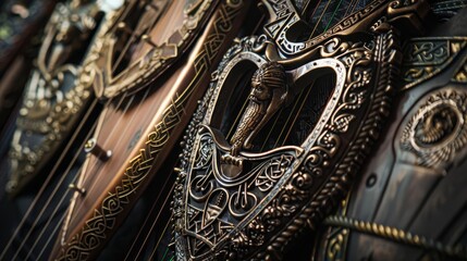 A decorative collection of Celtic harps and warrior shields, each embellished with traditional designs, set on a dramatic black field, Close up