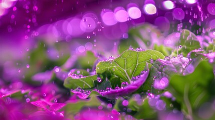 A detailed snapshot of a hydroponic system in a vertical farm, with water droplets reflecting purple lights onto delicate lettuce leaves, Close up