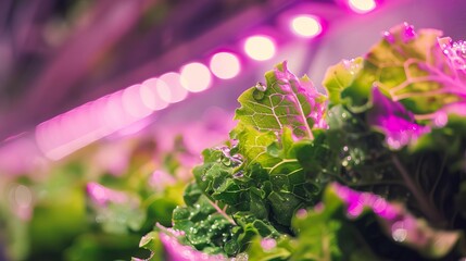 A detailed snapshot of a hydroponic system in a vertical farm, with water droplets reflecting purple lights onto delicate lettuce leaves, Close up