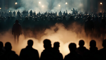 silhouette of crowd of protesters during action spotlights and smoke
