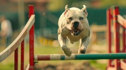 A dynamic scene of an American Bulldog training in agility, leaping over a hurdle with focus and determination under the guidance of its owner, Close up