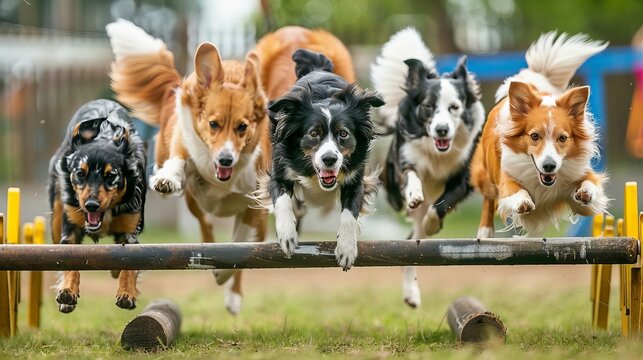 A dynamic scene of a group of dogs of various breeds at an agility training course, leaping over hurdles and navigating obstacles, Close up
