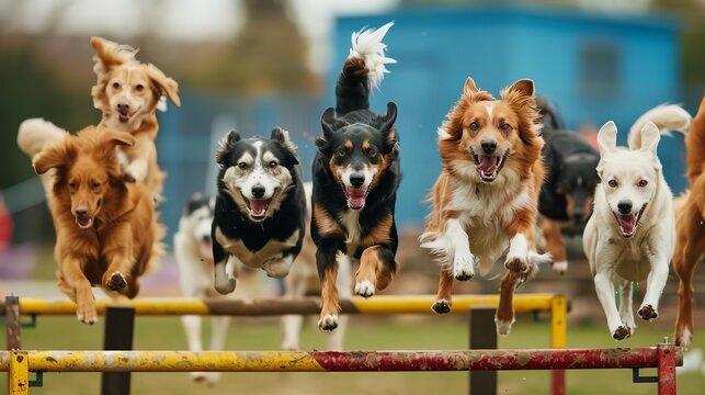 A dynamic scene of a group of dogs of various breeds at an agility training course, leaping over hurdles and navigating obstacles, Close up