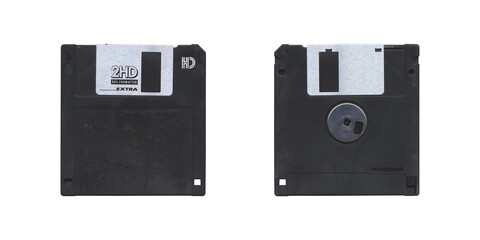 Fototapeta premium Isolated Retro 3.5” Floppy Disk with front and back side on transparent background, old vintage storage png diskette