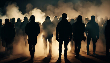 silhouette of crowd of protesters during action spotlights and smoke
