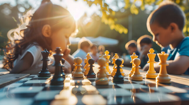 Chess tournament kids and adults participate in chess match game outdoors in a summer sunny day players of all ages play competition in chess school club with chessboards on a table : Generative AI
