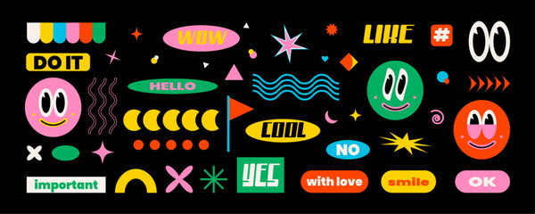 Set of stickers. Vector illustration. Trendy retro 90s style. Design elements. Isolated dark background