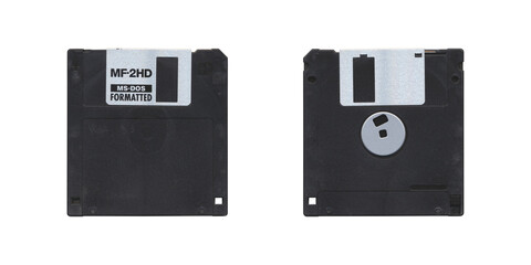 Isolated Retro 3.5” Floppy Disk with front and back side on transparent background, old vintage storage png diskette