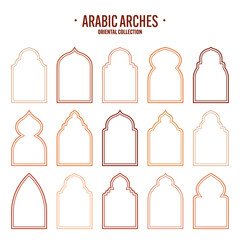 Islamic frames, oriental style objects. Arabic shapes, windows and arches. Traditional ornamental banner, frame. Muslim holidays, Ramadan Kareem. Modern eastern architecture. Vector illustration