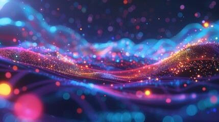 A vibrant landscape scene with shimmering neonlike dots that seem to emit their own light.