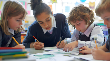 Students doing a creativity project with their teacher in a classroom Group of primary school children learning how to draw and colour with the help of their educator : Generative AI