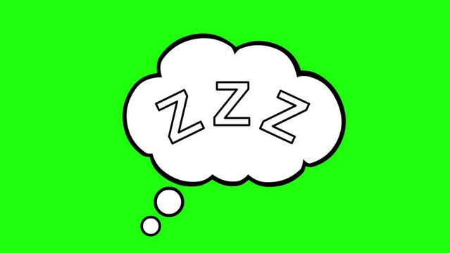 video drawing animation icon cloud thought zzz text word, sleeping and snoring concept, drawn in black and white color. On a green chroma key background