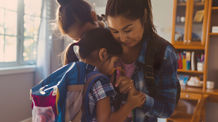 Mother helping daughter to get ready for school helping her with backpack and bookshugging and leaving home : Generative AI