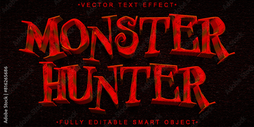 Poster horror red monster hunter vector fully editable smart object text effect