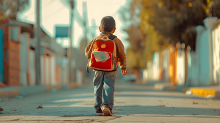 Poor darkhaired 8yearold Latin boy walks down the street on his way to study back to school with a backpack the family makes an economic effort in their poverty to buy the books and no : Generative AI