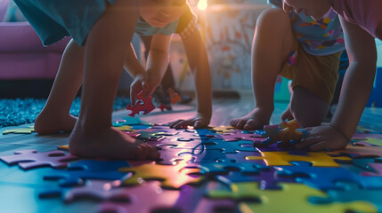 Children connecting jigsaw puzzle pieces in a kids room on floor at home  Fun family activity leisure : Generative AI
