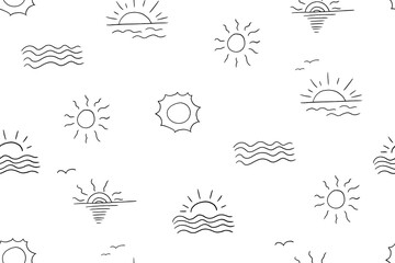Seamless pattern of suns in doodle style. Sunset, sun rays, sunshine, waves. Summer time. Hand drawn vector illustration. Great for prints, poster, banner and professional design