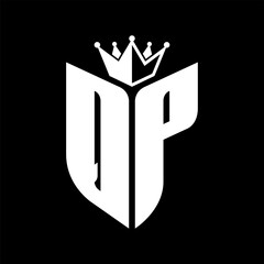 QP Letter monogram with shield shape with crown black and white color design