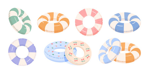 Set of inflatable swimming rings for swimming in pool or sea. Vector illustration in monochrome colors with pattern of stripes, polka dots, cherries on white isolated background. Side view, top view.