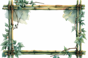 bamboo frame watercolor: A rectangular bamboo frame border, with a green watercolor,clipart, isolated on white background,  frame watercolor, bamboo watercolor 