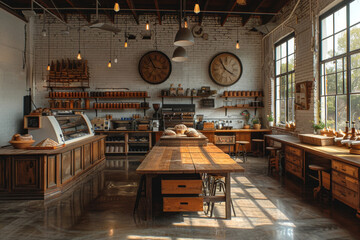 an old-fashioned bakery with wooden tables and a robotic bread kneader, blending retro flair with...