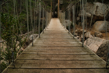 Obraz premium A beautiful wooden suspension bridge stretches towards the vanishing point, photograph vanishing point. For wallpaper, in horintzontal.
