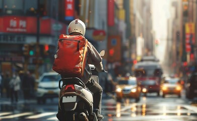 Obraz premium Daytime Food Delivery Scooter Pauses at Busy City Intersection