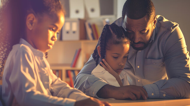 African american young male teacher consoling sad biracial elementary schoolgirl sitting at desk unaltered education communication childhood sadness depression failure and school conce : Generative AI