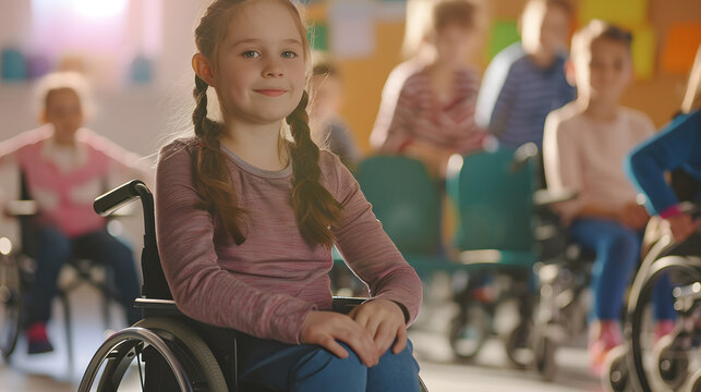 Caucasian schoolgirl in wheelchair with diverse schoolchildren in school classroom Education inclusivity school learning and disability concept : Generative AI