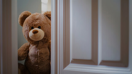Cute brown Teddy bear toy sneak behind the door and surprise to congratulate the special day holiday festivals game child day care welcome kid day shy childhood party funny stuffed dol : Generative AI