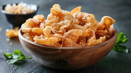 Deep fried pork skin snacks known as pork rinds or chicharron are a savory treat