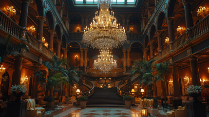Obraz premium luxurious chandelier design, a stunning crystal chandelier hangs in the lobbys center, illuminating the ornate decor with a warm and inviting glow from the high ceiling