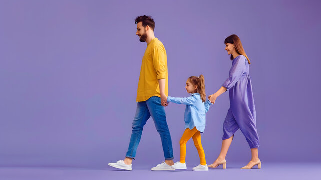 Full body side view young parents mom dad child kid daughter girl 6 years old wearing blue yellow casual clothes hold hands walk go look aside isolated on plain purple background Famil : Generative AI