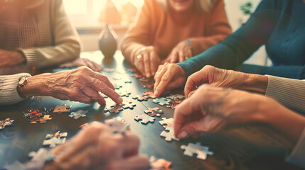 Hands of diverse group of senior friends playing with jigsaw puzzles in sunny dining room at home Retirement friendship wellbeing activities togetherness and senior lifestyle unaltered : Generative AI