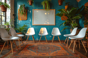 image of group therapy chairs in circle, whiteboard on wall, safe space for healing and self-reflection