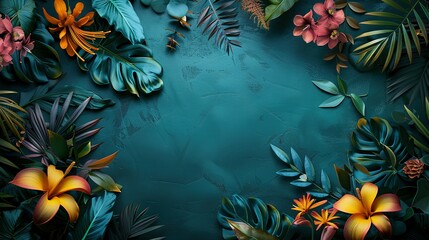 Fototapeta premium Tropical jungle with flower copy space, whimsical colorful photorealistic jungle vegetation vignetted background.