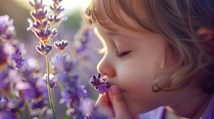 little girl smelling the aroma of lavender Natural twigs of cut lavender close to the nose and face...