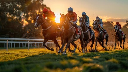 Horse racing with jockeys on horse racing field at sunset