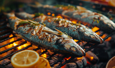 Grilled fish with lemon, tomato and spices, tasty fresh food, generated ai
