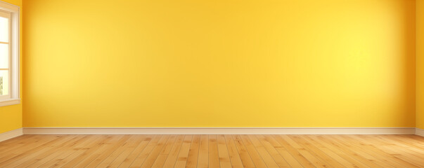 Empty room with yellow blank wall and wooden floor, generated ai
