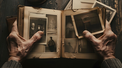 male hands holding an old retro album with vintage monochrome photographs in sepia color 19641965 the concept of genialogy memory of ancestors family ties childhood memories : Generative AI