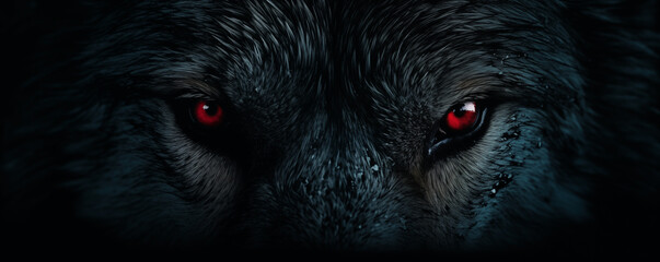 Evil wolf eyes in the dark, panoramic view, generated ai
