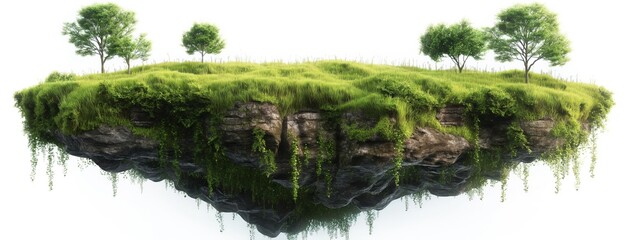 Floating island with lake and waterfalls, trees, green grass, river. Isolated on white background. Surrealism of Flying island with waterfalls and trees, landscape. 3d island with grass surface.