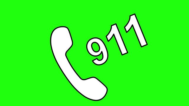 video drawing animation icon dial 911 phone help service, drawn in black and white. On a green chroma key background