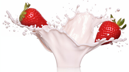 Obraz premium Fresh strawberries splashing into creamy milk – high-speed photography