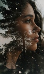 dreamy woman portrait with double exposure forest effect, mindfulness and ecology awareness, people and nature conservation concept, peaceful mind nad imagination