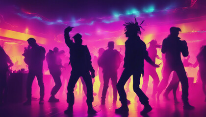 silhouettes of people dancing at a crowded party at midnight, colorful lights and smoke at background, neon punk style
